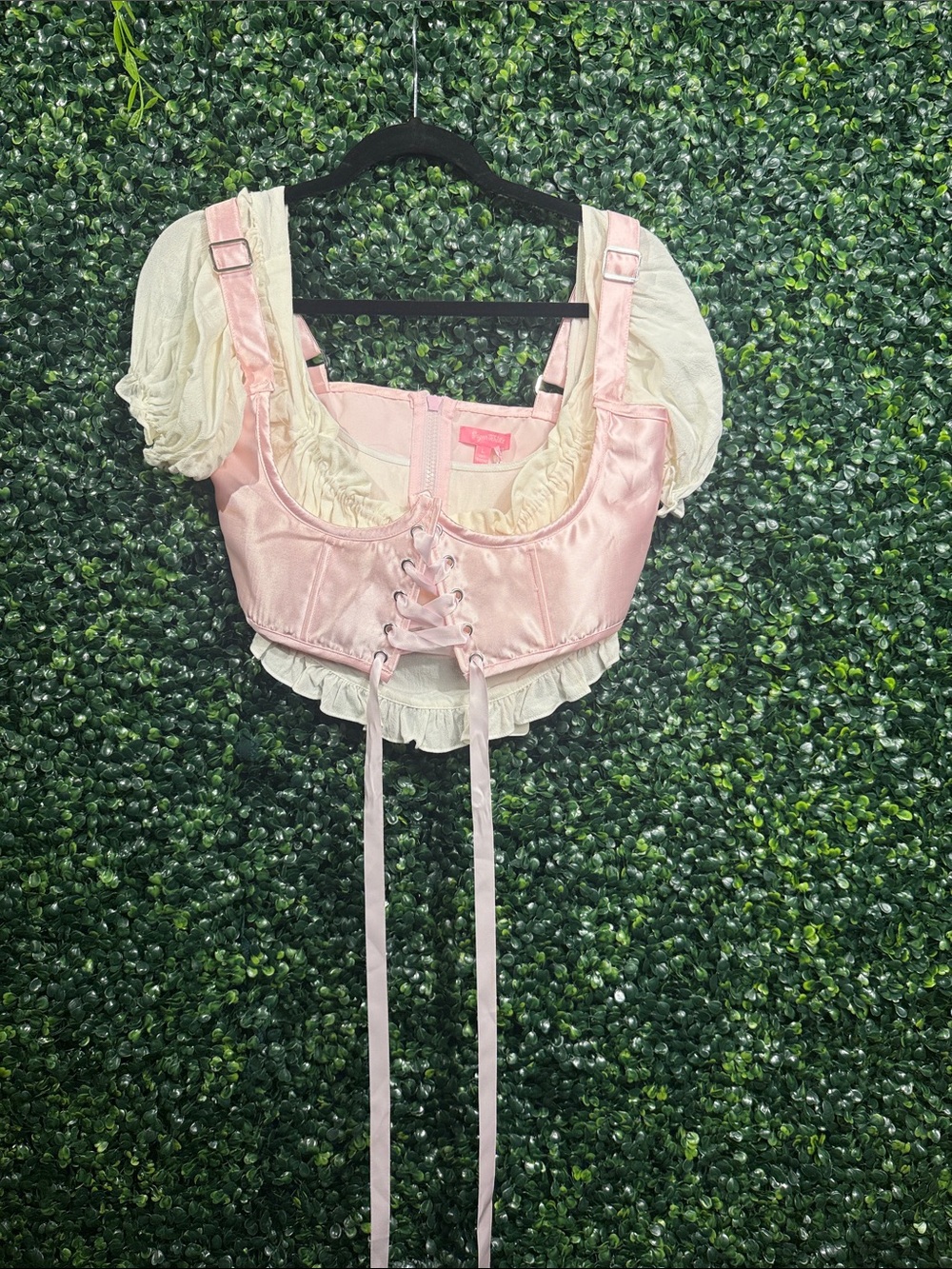 Sugar Thrillz Satin Lace-Up Corset Crop Top in Pink and Cream